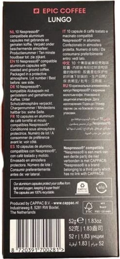 100 Capsules Epic Coffee - Lungo - Nespresso® Compatible Aluminium Capsules - RFA Keurmerk - Doos 100 Stuks -Koffiedranken 560x1200