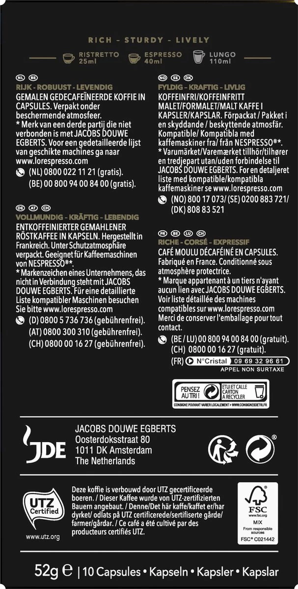 L'OR Espresso Ristretto Decaffeinato - Intensiteit 9/12 - 10 X 10 Capsules 4 L'OR Espresso Ristretto Decaffeinato - Intensiteit 9/12 - 10 X 10 Capsules - Afbeelding 2